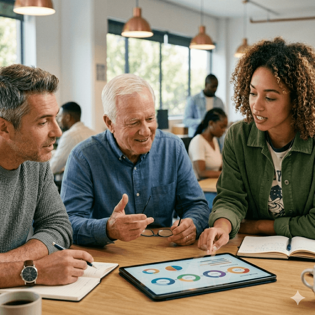 A diverse, multi-generational office team collaborating in a modern workspace. A young Gen Z woman with curly hair is pointing at data visualizations on a digital tablet, explaining her insights to two older male colleagues who are listening intently and nodding. The background is a bright, open-concept office with other coworkers, emphasizing a culture of connection, shared behavioral drives, and mutual respect.