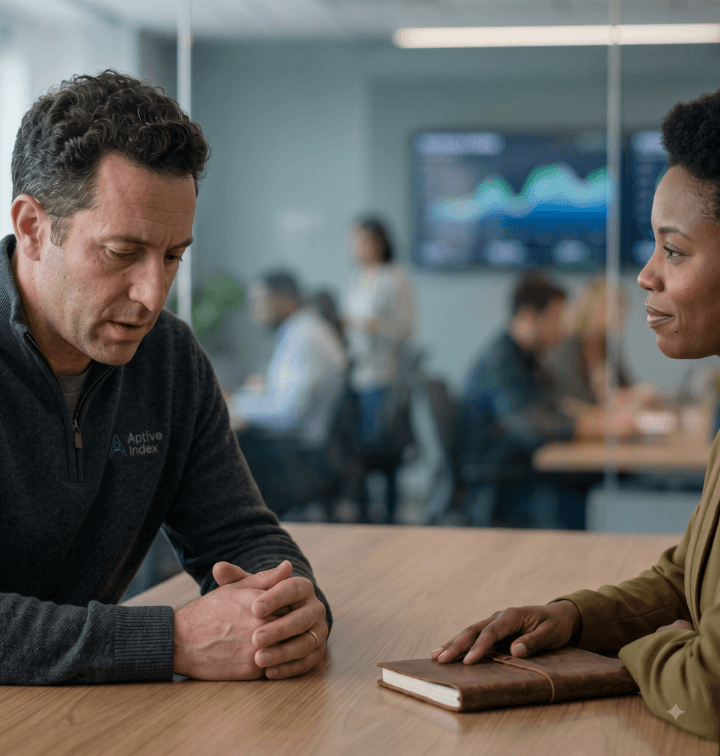 A man in a dark grey quarter-zip sweater and a woman in an olive green blazer sit across from each other at a wooden conference table. The man looks down thoughtfully with his hands clasped, while the woman looks at him with a calm expression, resting her hand on a leather journal. In the blurred background, other colleagues work at a table near a wall-mounted screen displaying charts and data.