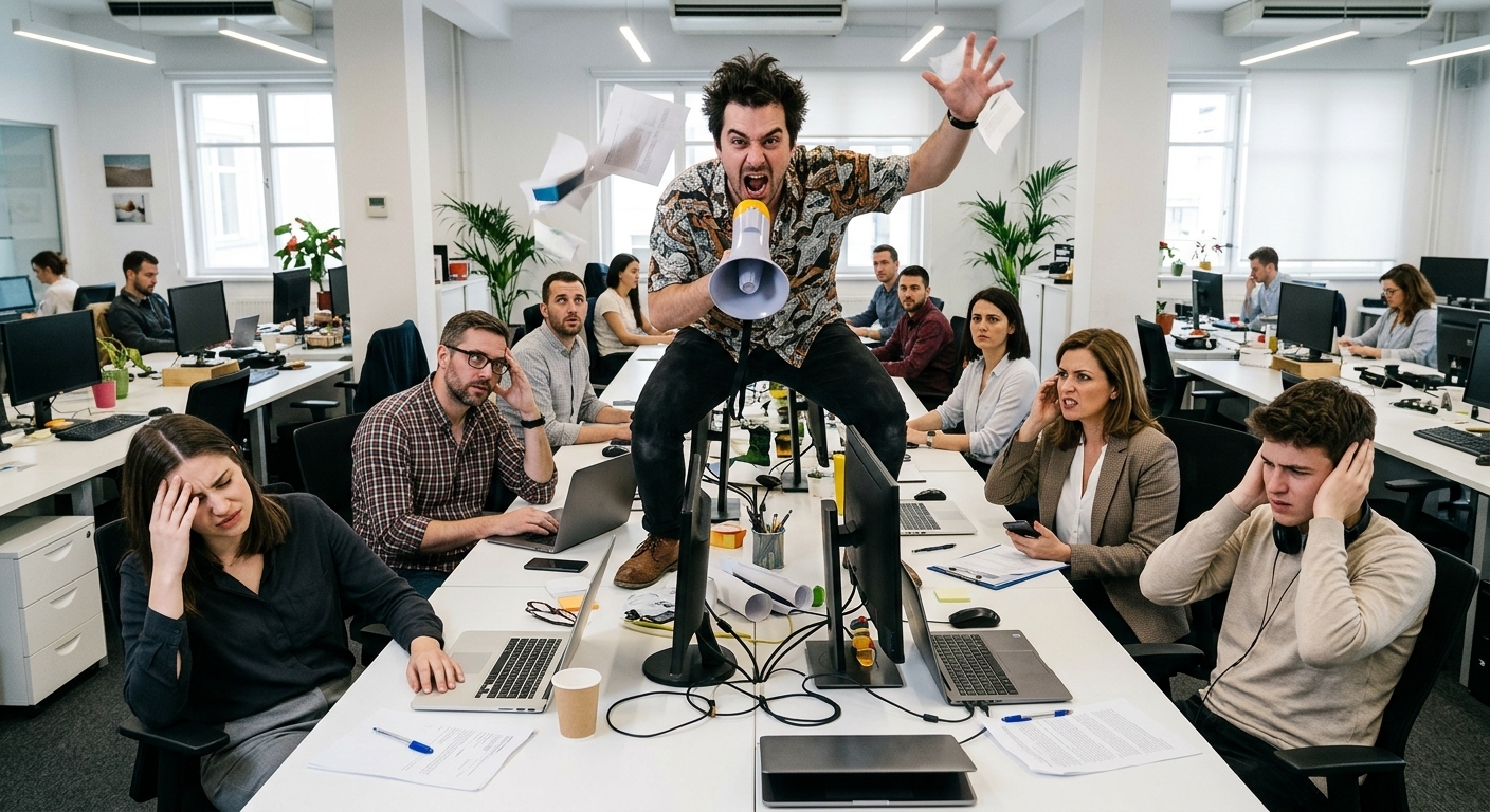 A disruptive employee shouts on a desk while frustrated coworkers react, showing the behavior leaders often label toxic